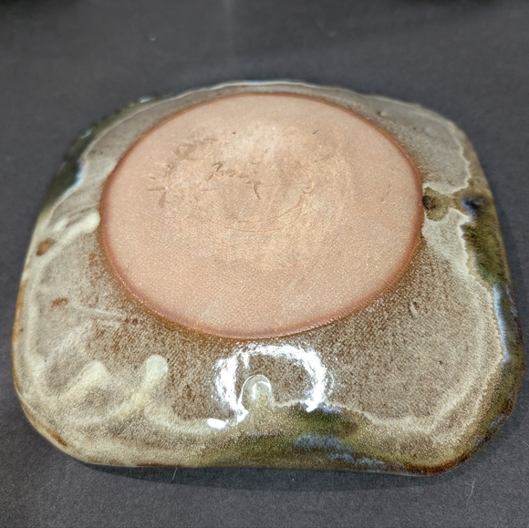 Hand made signed drip glaze chocolate/moss/taupe 10" square heavy pottery plate - Picture 6 of 7